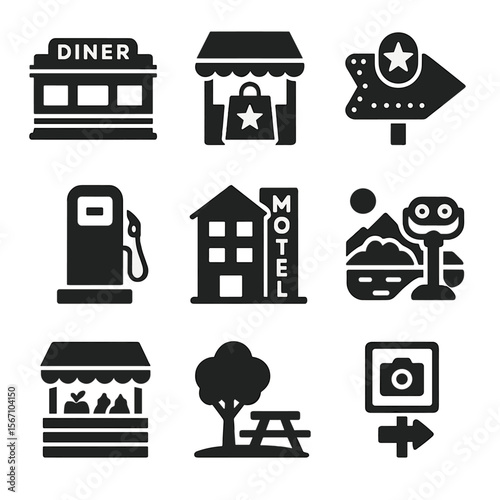 Roadside Attraction Icons. Solid, filled icons set of roadside attractions: diner, souvenir shop, neon sign,