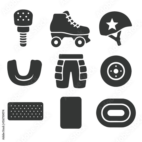 Roller Derby Essentials. Solid, filled icons set of derby roller skating gear: reinforced toe stop, tough boot