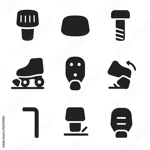 Roller Skate Icon Set. Solid, filled icons set of roller skate stopper: toe stop, rubber pad, mounting bolt,