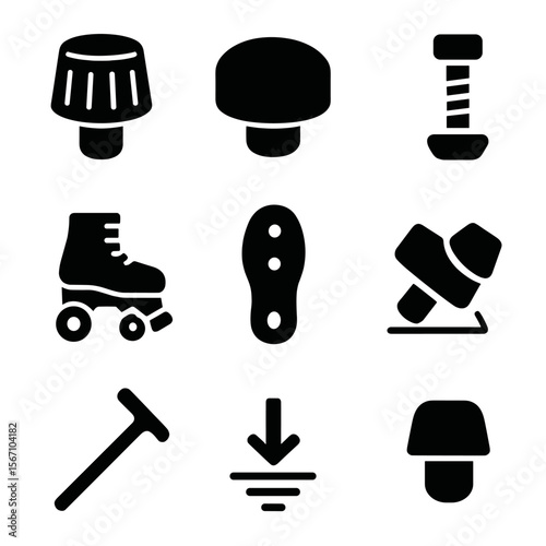 Roller Skate Icon Set. Solid, filled icons set of roller skate stopper: toe stop, rubber pad, mounting bolt,