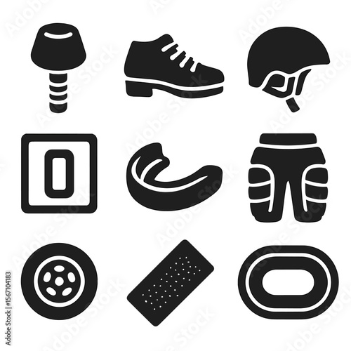 Roller Derby Essentials. Solid, filled icons set of derby roller skating gear: reinforced toe stop, tough boot