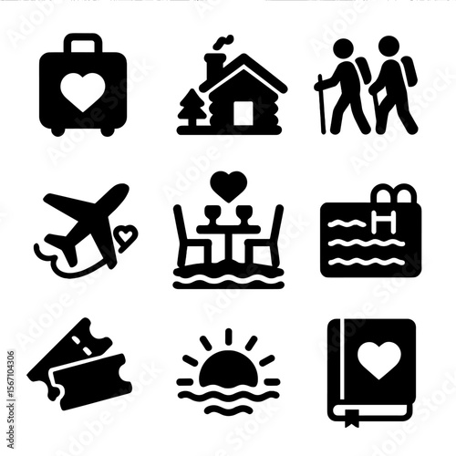 Romantic Travel Icons. Solid, filled icons set of special getaway moments: suitcase with heart, mountain cabin