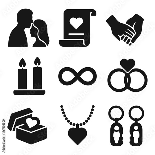 Romantic Rituals Icons. Solid, filled icons set of romantic rituals and gestures: forehead kiss, love letter