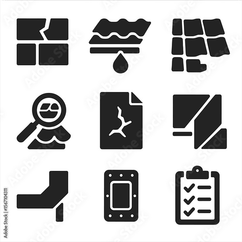 Roof Repair Icons. Solid, filled icons set of roof inspection and repair steps: cracked shingle, water leak