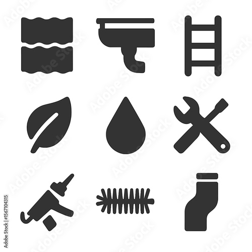 Roof Gutter Icons Set. Solid, filled icons set of roof and gutter maintenance: roof tile, gutter icon, ladder