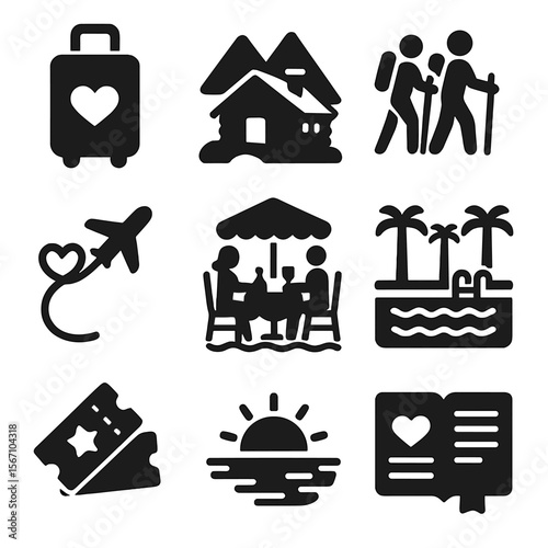 Romantic Travel Icons. Solid, filled icons set of special getaway moments: suitcase with heart, mountain cabin