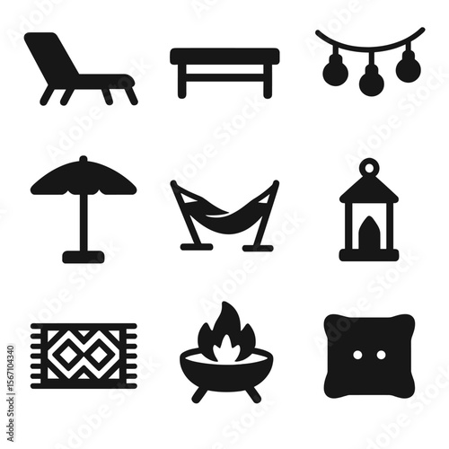 Rooftop Garden Icons. Solid, filled icons set of rooftop garden furniture and features: lounge chair, coffee