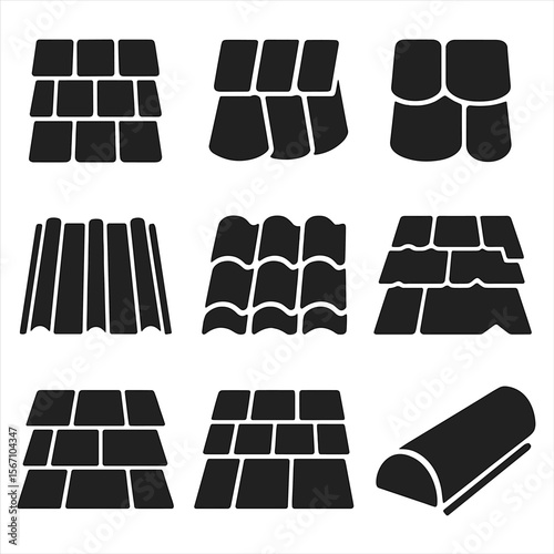 Roof Shingle Icons. Solid, filled icons set of types of roofing shingles: asphalt shingle, wood shingle, slate