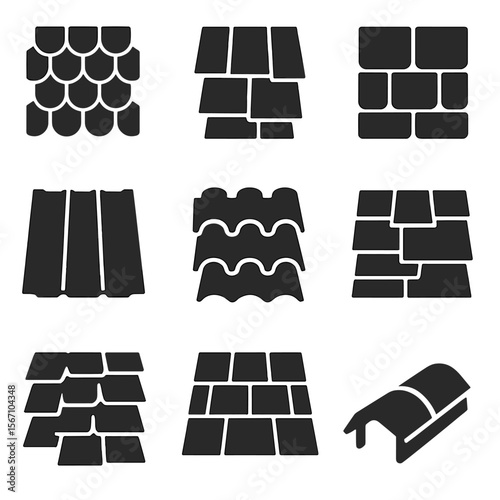 Roof Shingle Icons. Solid, filled icons set of types of roofing shingles: asphalt shingle, wood shingle, slate