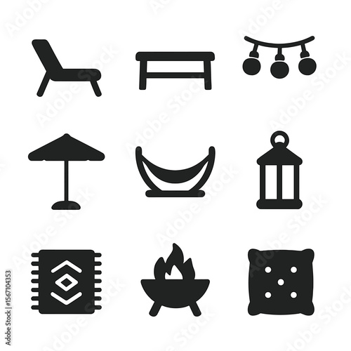 Rooftop Garden Icons. Solid, filled icons set of rooftop garden furniture and features: lounge chair, coffee