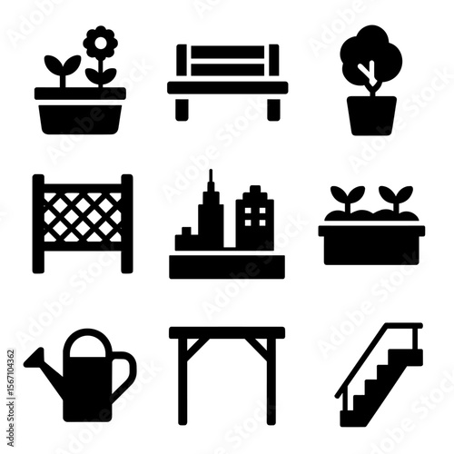Rooftop Garden Icons. Solid, filled icons set of rooftop garden designs in big cities: planter box, rooftop