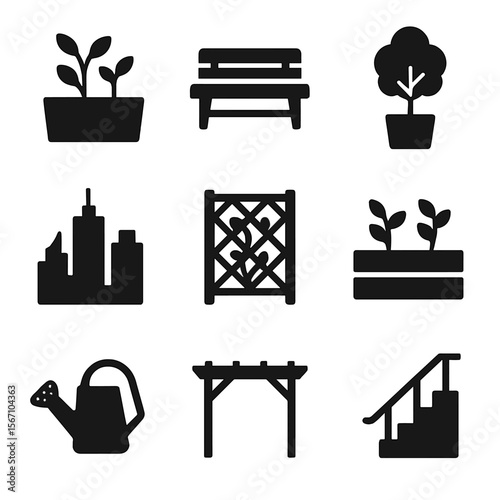 Rooftop Garden Icons. Solid, filled icons set of rooftop garden designs in big cities: planter box, rooftop