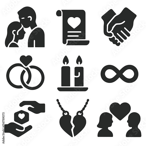 Romantic Rituals Icons. Solid, filled icons set of romantic rituals and gestures: forehead kiss, love letter