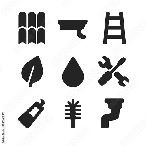 Roof Gutter Icons Set. Solid, filled icons set of roof and gutter maintenance: roof tile, gutter icon, ladder