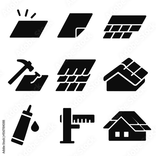 Roof Installation Icons. Solid, filled icons set of roofing installation sequence: clean surface, underlayment