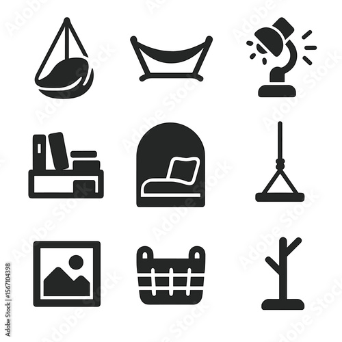 Room Accent Icons. Solid, filled icons set of multifunctional room accents: hanging seat, foldable hammock,