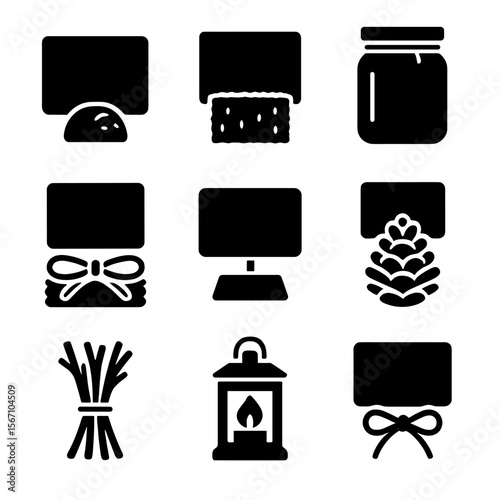 Rustic Event Icons. Solid, filled icons set of rustic event table cards: wooden holder, burlap fabric, mason