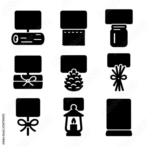 Rustic Event Icons. Solid, filled icons set of rustic event table cards: wooden holder, burlap fabric, mason