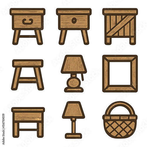 Rustic Side Table Icons. Solid, filled icons set of rustic side tables: wooden texture, iron handle, vintage