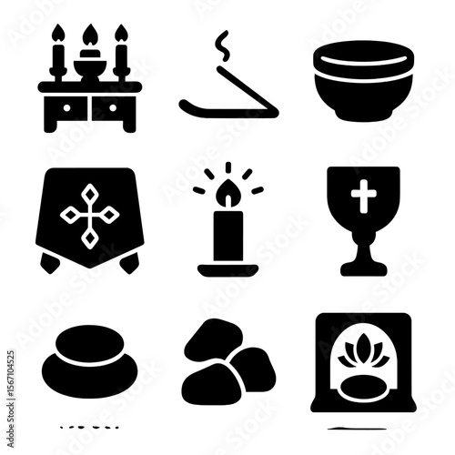 Sacred Ritual Icons. Solid, filled icons set of sacred space and rituals: altar table, incense holder, ritual