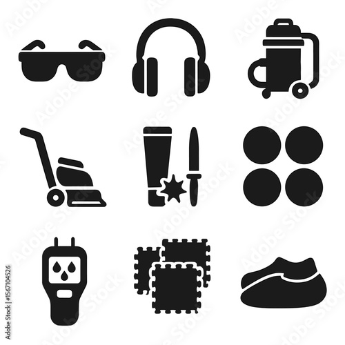 Safety and Maintenance Icons. Solid, filled icons set of safety and maintenance: safety glasses, ear