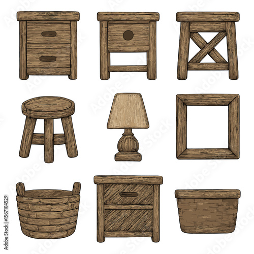 Rustic Side Table Icons. Solid, filled icons set of rustic side tables: wooden texture, iron handle, vintage
