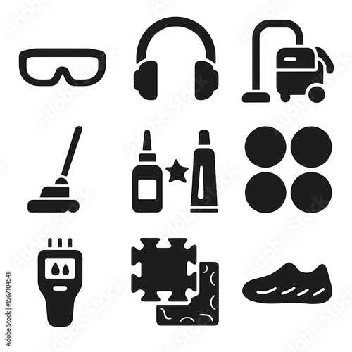 Safety and Maintenance Icons. Solid, filled icons set of safety and maintenance: safety glasses, ear