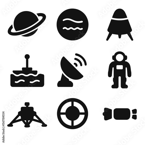 Saturn Exploration Icons. Solid, filled icons set of Saturn exploration by humans: Saturn rings, Titan