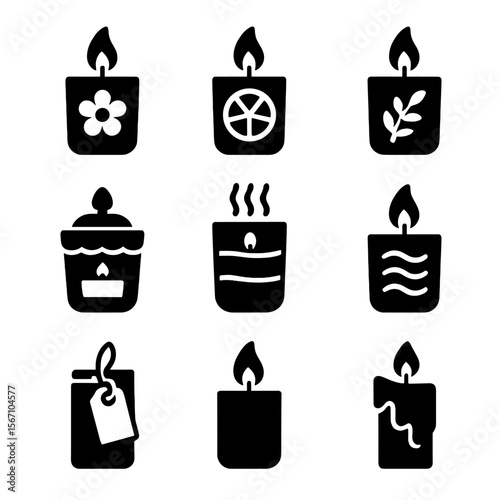 Scented Candle Icons. Solid, filled icons set of scented candle designs: floral candle, citrus slice, herbal