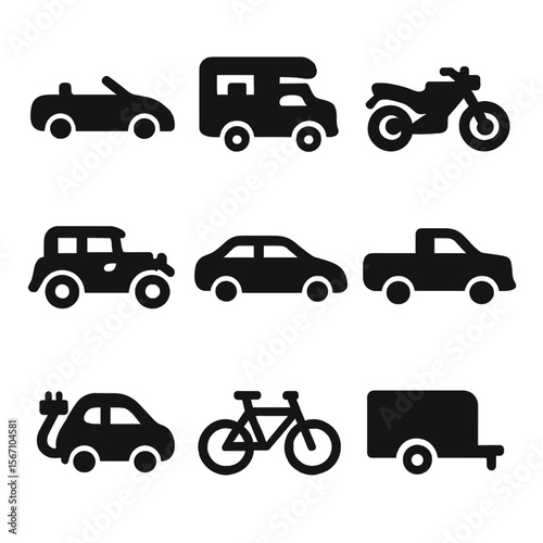 Scenic Drive Icons. Solid, filled icons set of scenic drive vehicle types: convertible, RV camper, motorcycle,