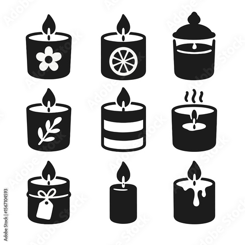 Scented Candle Icons. Solid, filled icons set of scented candle designs: floral candle, citrus slice, herbal