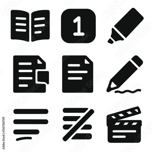 Script Breakdown Icons. Solid, filled icons set of script and scene breakdown: open script, scene number,