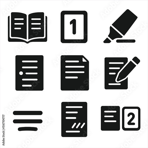 Script Breakdown Icons. Solid, filled icons set of script and scene breakdown: open script, scene number,