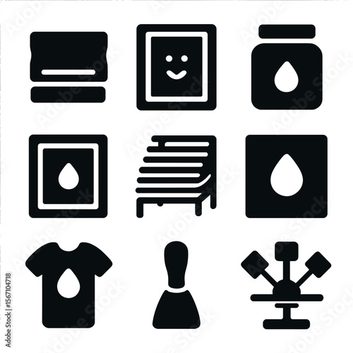 Screen Printing Icons. Solid, filled icons set of screen printing: squeegee, silk screen, ink jar, print frame