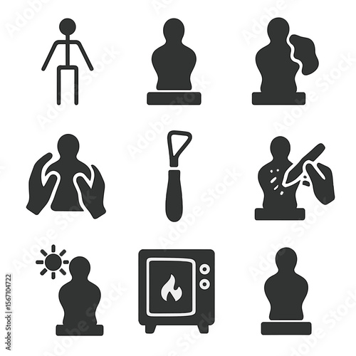 Sculpting Process Icons. Solid, filled icons set of sculpting stages and process: wire armature, base form,