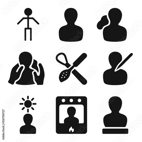 Sculpting Process Icons. Solid, filled icons set of sculpting stages and process: wire armature, base form,