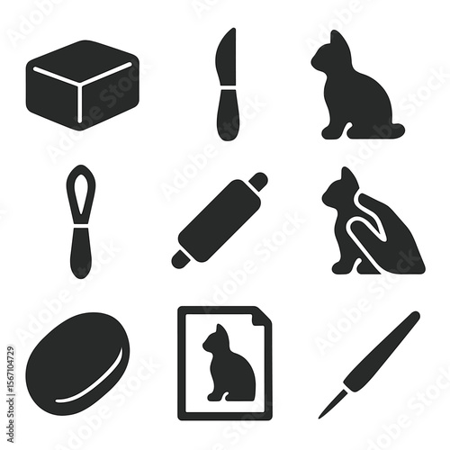 Sculpting Clay Icons. Solid, filled icons set of sculpting clay into an animal figure: clay block, sculpting