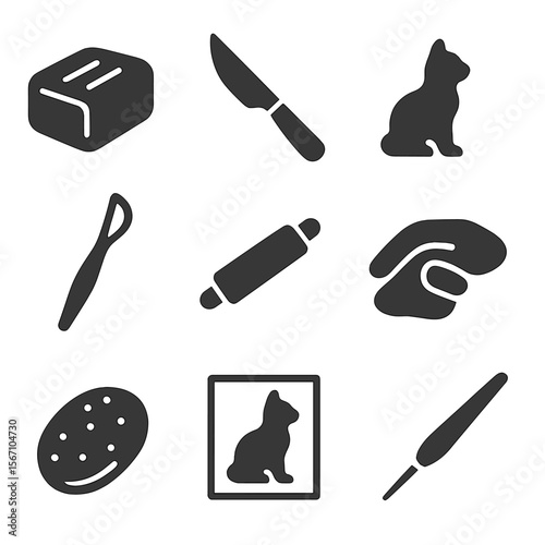 Sculpting Clay Icons. Solid, filled icons set of sculpting clay into an animal figure: clay block, sculpting