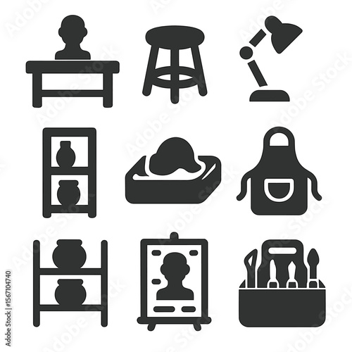 Sculpting Studio Icons. Solid, filled icons set of studio workspace for sculpting: workbench, stool, desk lamp