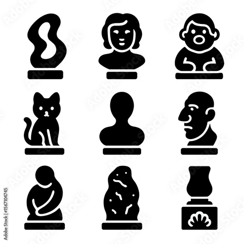 Sculpting Styles Icons. Solid, filled icons set of sculpting techniques and styles: abstract form, realistic