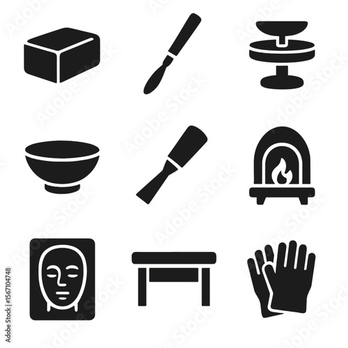 Sculpture Pottery Icons. Solid, filled icons set of sculpture and pottery: clay block, sculpting tool,