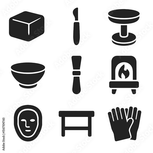 Sculpture Pottery Icons. Solid, filled icons set of sculpture and pottery: clay block, sculpting tool,