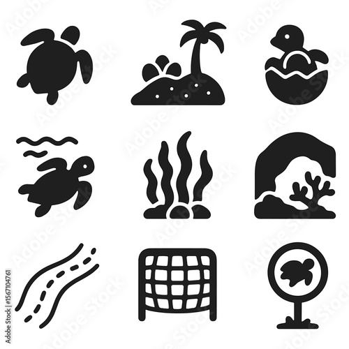 Sea Turtle Icon Set. Solid, filled icons set of sea turtle habitats: turtle icon, nesting beach, hatchling,