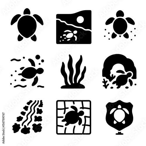 Sea Turtle Icon Set. Solid, filled icons set of sea turtle habitats: turtle icon, nesting beach, hatchling,