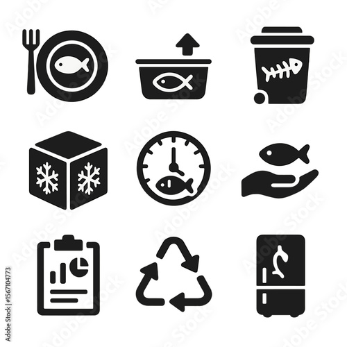 Seafood Waste Icons. Solid, filled icons set of seafood waste reduction: portion size, leftovers icon, compost