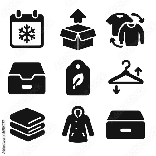 Seasonal Apparel Icons. Solid, filled icons set of rotating seasonal apparel: calendar icon, storage arrow,