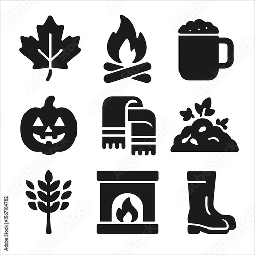 Seasonal Backyard Icons. Solid, filled icons set of seasonal backyard events: fall leaf, bonfire icon, cider