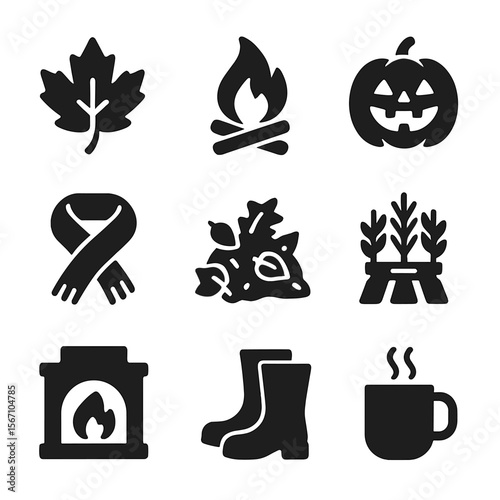 Seasonal Backyard Icons. Solid, filled icons set of seasonal backyard events: fall leaf, bonfire icon, cider