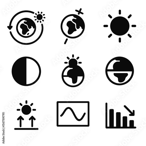 Seasonal Change Icons. Solid, filled icons set of what makes the seasons change: Earth orbit, tilted axis, sun