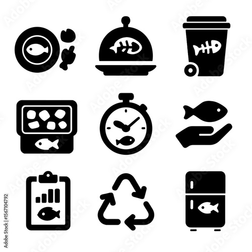 Seafood Waste Icons. Solid, filled icons set of seafood waste reduction: portion size, leftovers icon, compost